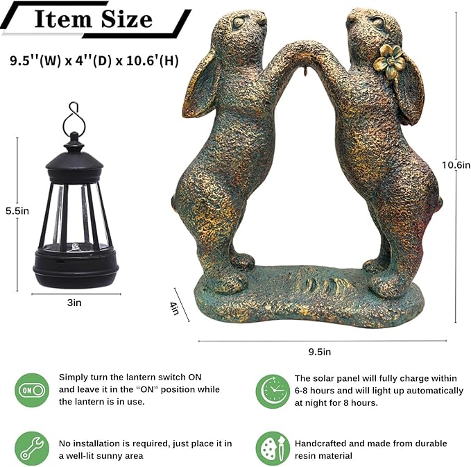 Garden Statues Rabbit with Solar Lantern, Outdoor Bunny Figurines Decorations for Patio Yard Lawn Ornaments, Gifts for Mom/Grandma Birthday Easter Housewarming
