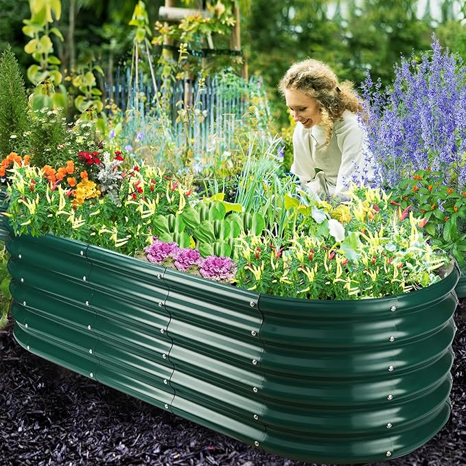 17" Tall Outdoor Garden Raised Garden Bed Kits,5ft X 2ft Oval,0.8MM Thick Metal Raised Planter Bed/Ground Planter Box for Variety of Flowers,Herbs,Vegetables (Dark Green, 60X24X16.5 Inches)