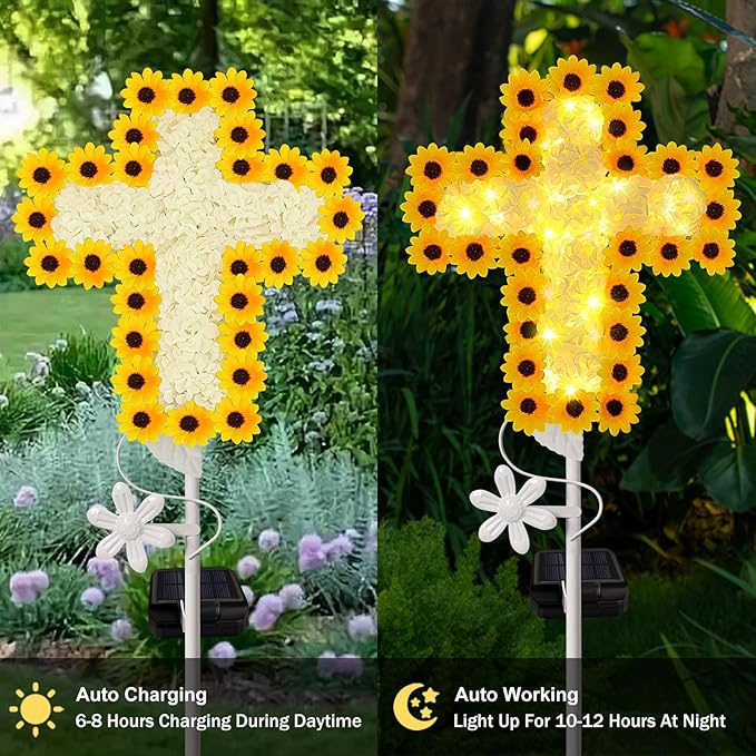 YJFWAL Solar Daisy Cross Garden Stake Lights, Yard Solar Lights Cemetery Decorations for Grave Outdoor Light Jesus Cross Sympathy Memorial Gifts for Grandmother, for Garden Yard Lawn Patio Pathway