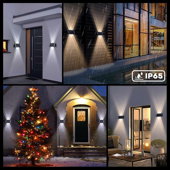4LED Solar Wall Lights, Up and Down Lighting Solar Light Outdoor Waterproof IP65, 6500K/3000K Solar Fence Light for Yard Garden Garage Christmas Decorations (4 Pack)