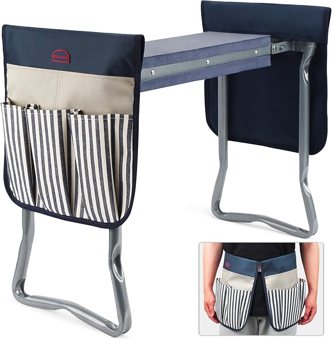 G GOOD GAIN Gardening Stool Widen Soft Kneeling Pad Garden Kneeler and Seat with 2 Larger Tool Pouches Outdoor Foldable Sturdy Gardening Tools Gifts for Gardeners, Navy