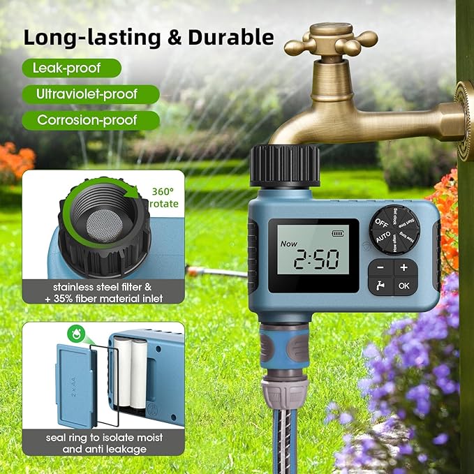 Hose Timer, Water Timer for Garden Hose Faucet, Sprinkler Timer Outdoor, Irrigation Timer with Rain Delay/Manual for Garden/Outdoor Hose, Yard, Lawns, 1 Outlet