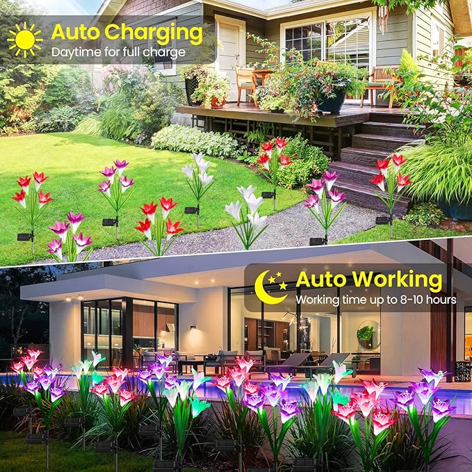 KOOPER Solar Lights, 4 Pack Lily Flower Lights, Waterproof 7 Color Changing - Bigger Solar Panel for Outdoor Patio Yard Garden Decoration