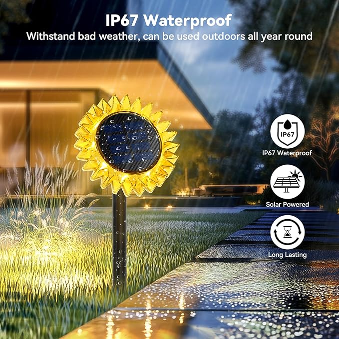 Outdoor Solar Lights, 6 Pack Led Solar Sunflower Lights, Stake/Wall 2-in-1 Waterproof Solar Garden Lights for Yard, Landscape, Fence, Patio, Driveway, Pathway, Backyard Decoration (Warm White)