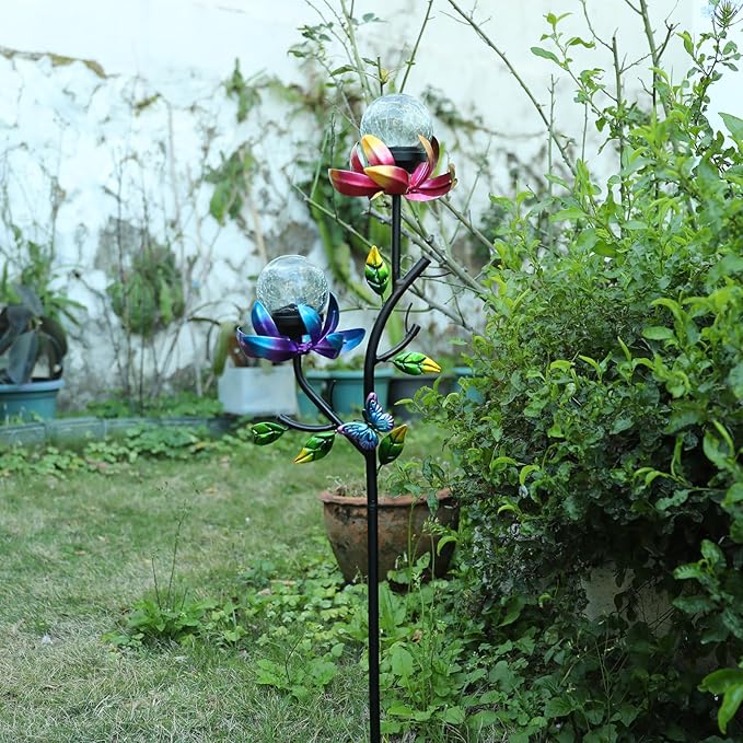 VCUTEKA Solar Garden Light Solar Flowers Light with LED Crackle Glass Globe Solar Lights Outdoor Metal Garden Stake Wind Spinner for Garden Decoration, Patio Decor, Yard Decor and Gift for Mother
