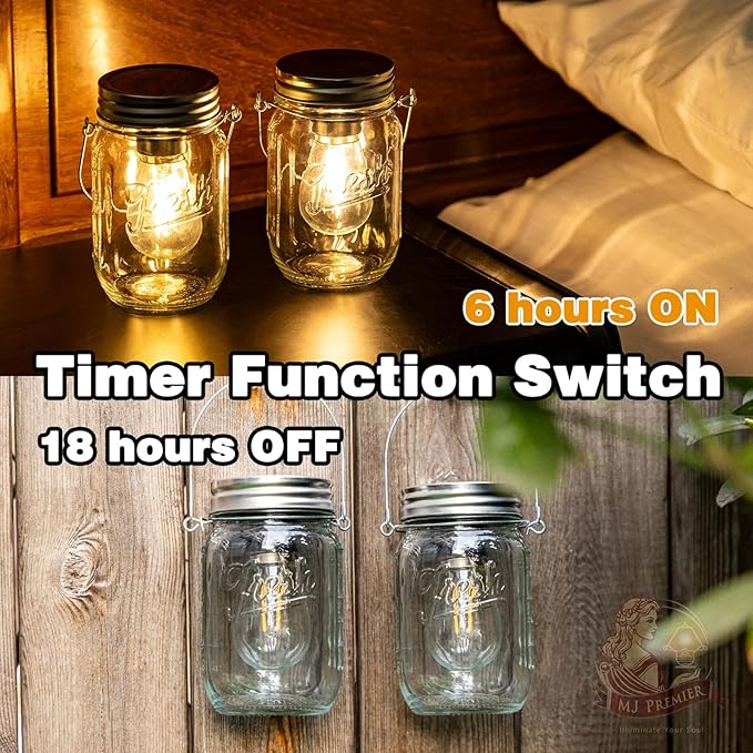 MJ Outdoor Mason Jar Lights Hanging Battery Operated Lamp Timer Cordless Lamps 2-Pack LED Decorative Garden Lanterns Glass Light for Patio Camping Courtyard Backyard Tree Hallway Stairs( Transparent)