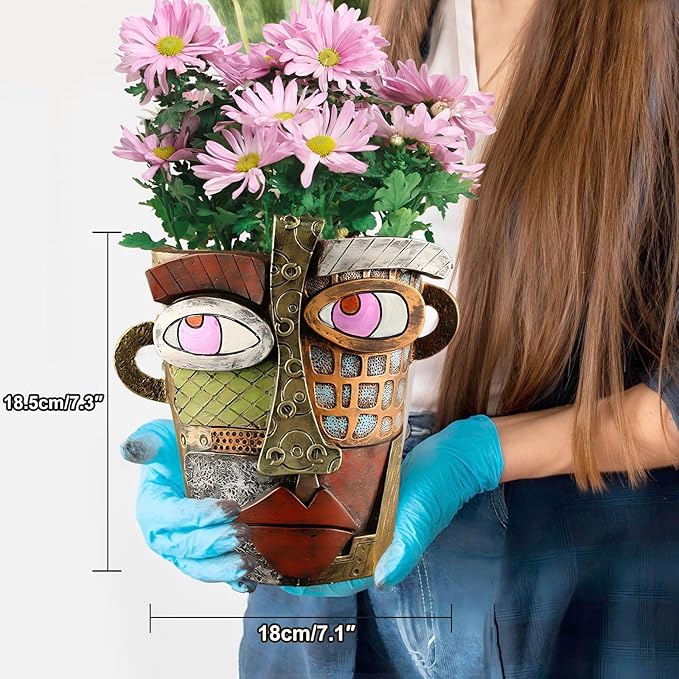 Brutalist Abstract Face Planters Pots Head, Unique Abstract Flower Pot, Funny Planters Decoration Flower Resin Face Flower Pot for Indoor and Outdoor Plants Colorful Funny Room Decor (Retro)