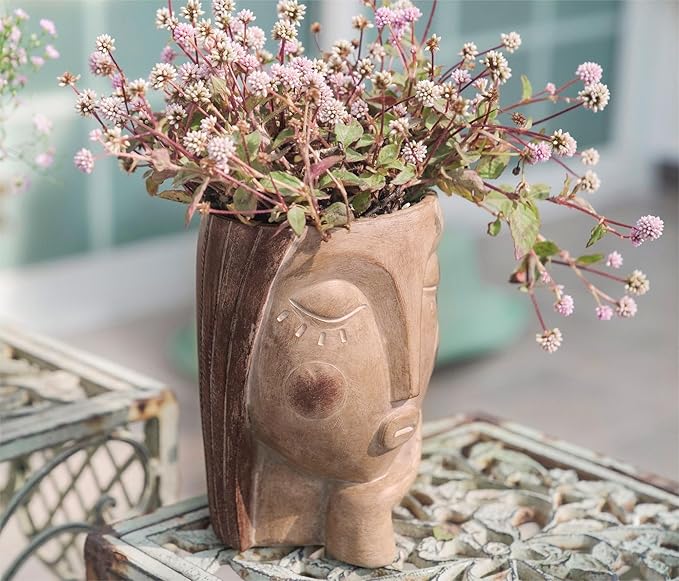 Head Planters for Indoor Plants, Face Flower Pot Head Planter Succulent Planters Unique Face Planter with Drainage Hole - Rustic Thinking Girl Closed Eyes