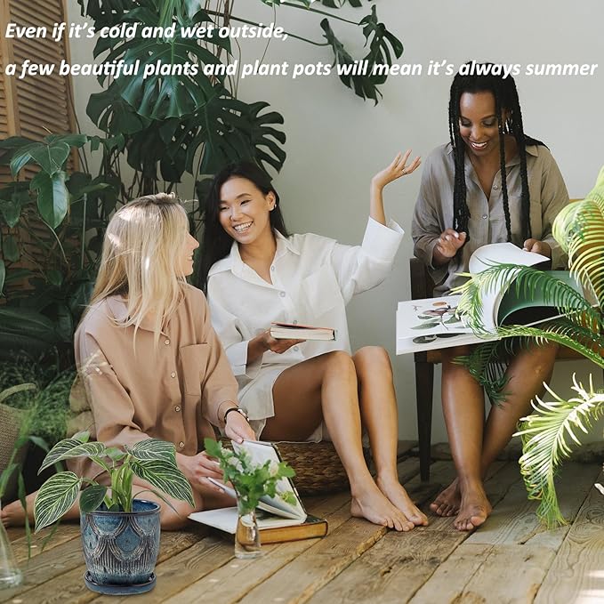 Ceramic Planter Pot, 5in, Reactive Glaze Blue, Indoor Outdoor Usage, with Drainage Hole and Saucer