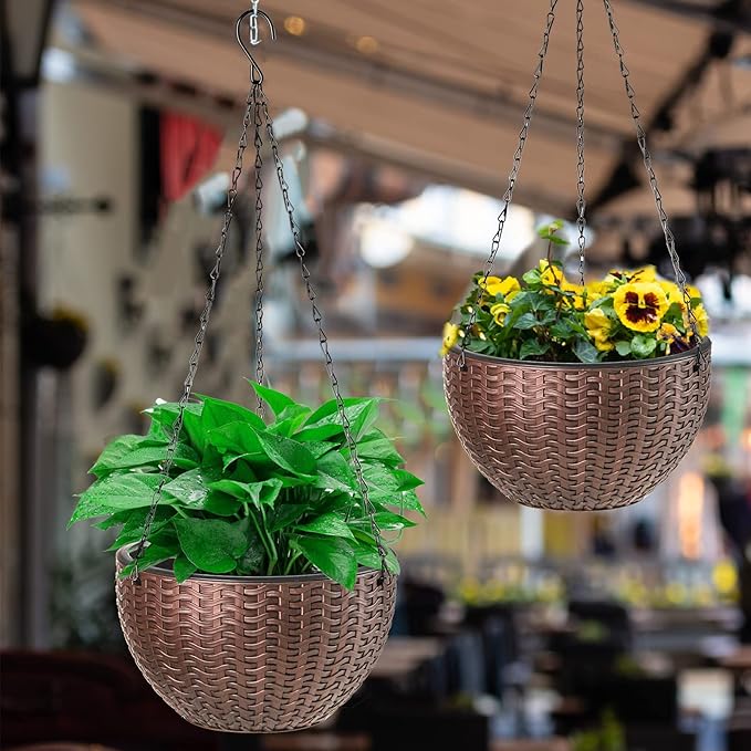 Foraineam 2-Pack Dual-pots Design Hanging Basket Planters Self-Watering Indoor Outdoor Plant & Flower Hanging Pots with Drainer and Chain, 2 Size Assorted