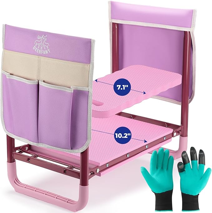 DEERFAMY Garden Stool 10.2" Width, Garden Kneeler and Seat Load Cap 350 lbs, Gardening Gift Heavy Duty with Extra Kneeling Pad, 2 Tool Pouches, Claw Gloves, Pink
