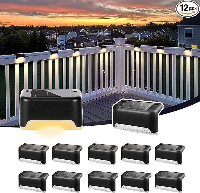 Solar Deck Lights Outdoor Waterproof 12Pack, Solar Step Lights Led Solar Powered Lights for Outdoor Stairs, Step, Fence, Yard, Patio, and Pathway(Warm White)