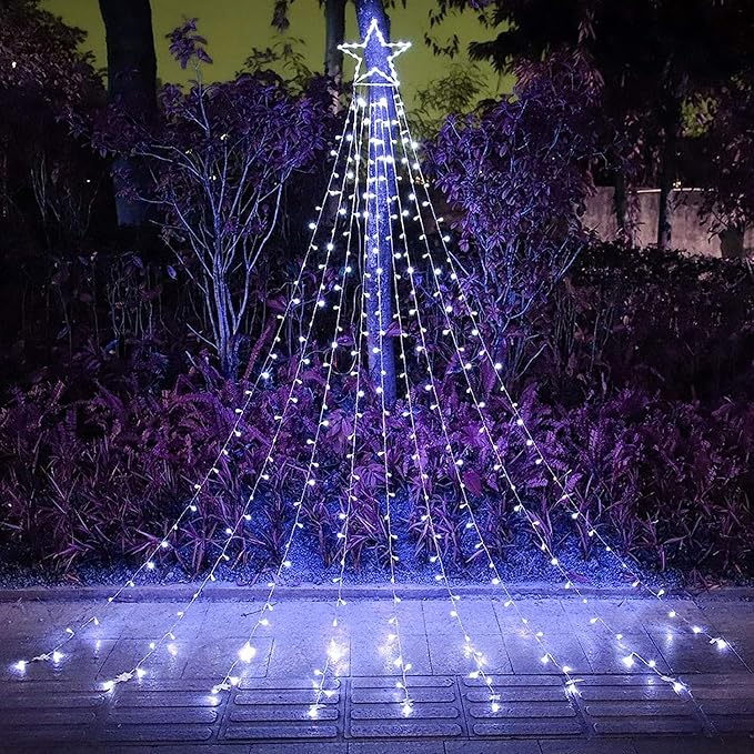 Christmas Decoration Lights, Outdoor Christmas String Lights 320 LED 11.5 Ft Waterfall Tree Lights with Big Star Topper 8 Light Modes for Christmas New Year Holiday Garden Yard Indoor Outdoor Decor