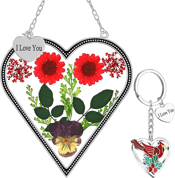 KY&BOSAM Heart Suncatcher Gift for Mom I Love You Heart Wind Chime for Windows Pressed Flower Between Heart in Glass and Metal Engraved Charm Birthday Gift for Women Mother's Day Valentine's Christmas