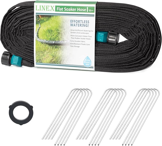 LINEX Flat Soaker Hose 50 ft with Stake for Garden Beds Drip Sprinkler Irrigation Hose Heavy Duty Saving 80% Water for Vegetable