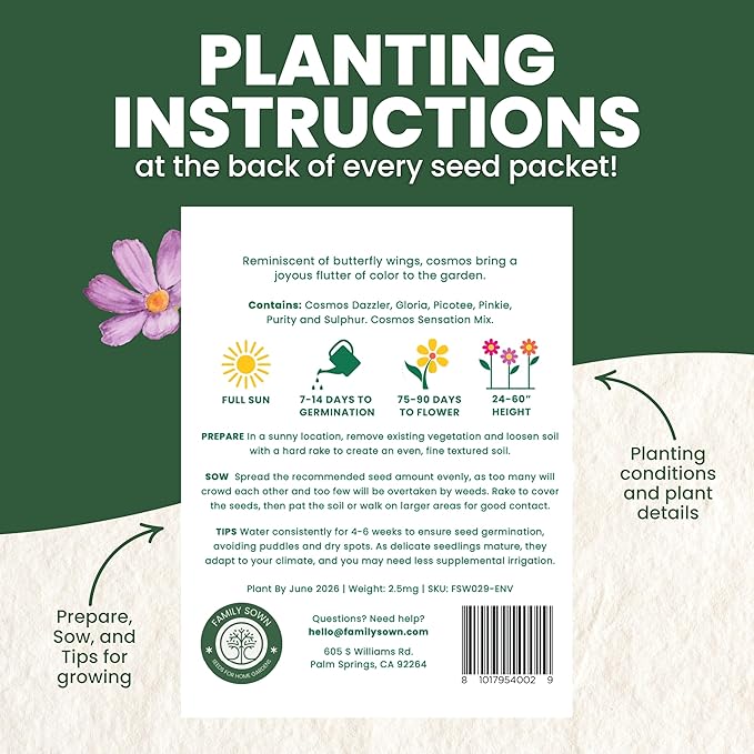 Crazy Cosmos Mix - Large 2,500mg Envelope - 300 Flower Seeds for Planting - Cosmos bipinnatus