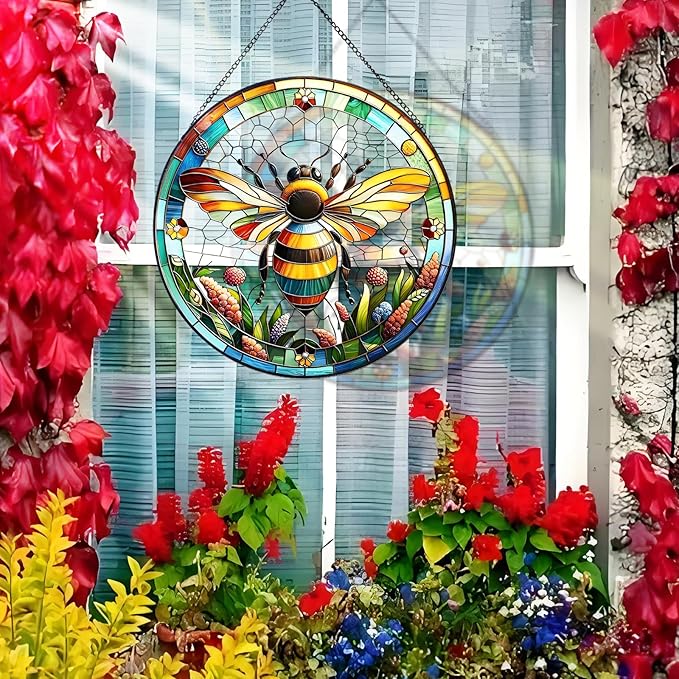 RIVEENY Bumblebee Stained Glass Window Hangings,8''Bee Suncatcher Stained Glass Window Panel Gift for Christmas Anniversary Birthday Mother's Day