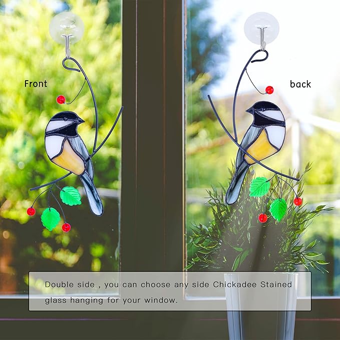 Lolitarcrafts Chickadee Stained Glass Suncatcher Bird Stained Glass Window Hangings for Window Decoration