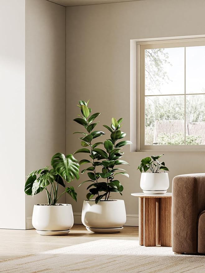 LE TAUCI Ceramic Planters, 10 Inch Pots for Plants, Indoor Plant Pots with Drainage Holes and Saucers, Modern Planters Fit Mid Century Plant Stand, Flower Pots for Indoor Plants, White