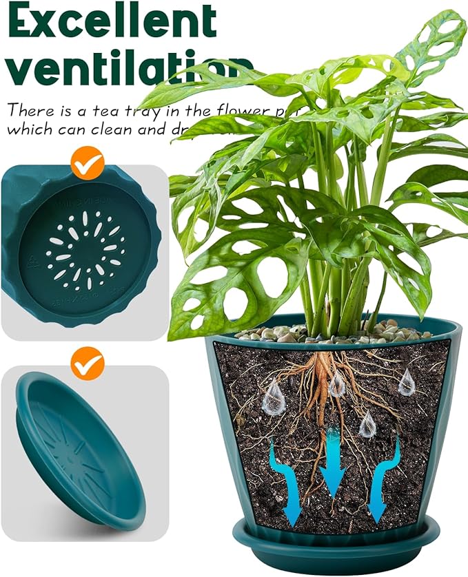 6 Inch Indoor Planter Pots with Drainage Hole and Tray Saucer,Flower Pots for Indoor Outdoor Garden Plants and Flowers, Multicolor, 5 Packs (Blue)