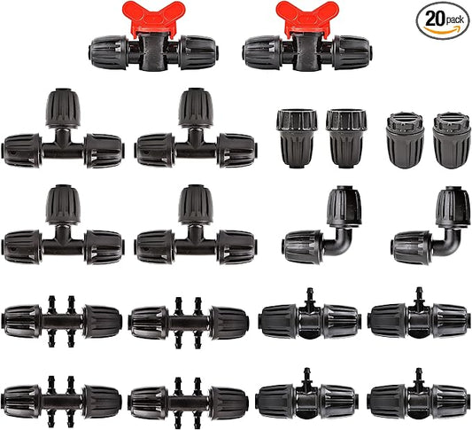 20Pcs Drip Irrigation Fittings Kit Connectors for 1/2 Inch Tubing, PE Tubing Fittings - 2 Switch Valves, 4 Tee, 2 End, 4 1/2" to 1/4" Tee,2 Elbows 2 Thread Adapters,4Pcs 1/2" to 1/4" Six Way