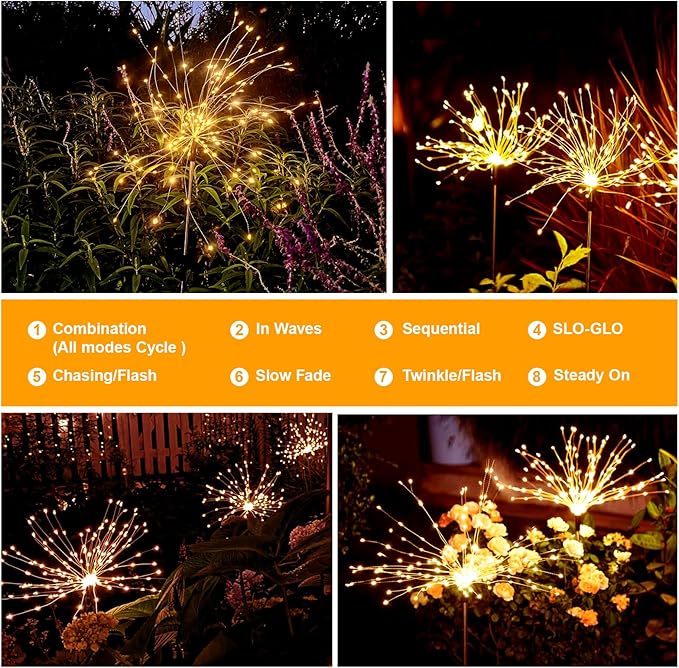 solar fireworks lights for outside, 150LED 8 Modes Fireworks Solar Lights Outdoor, Fairy Garden Flowers Lights for Yard Pathway wedding Party Christmas Diwali Garden Decor 4Pack (Warm White)
