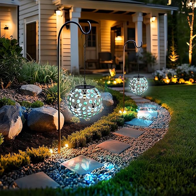 VCUTEKA Solar Chandelier Outdoor, Hanging Mosaic SolarLights with Hook Up, Solar Garden Lantern Decor for Yard, Deck and Patio, Green