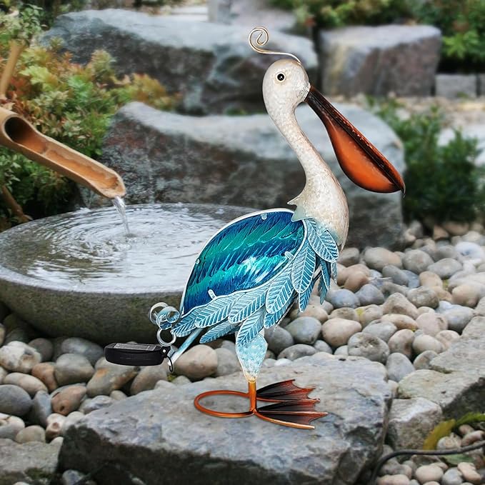 HONGLAND Solar Metal Pelican Statues Garden Sculpture & Statues, 19 Inch Glass Outdoor Pelican Yard Art Coastal Ocean Bird Decor Lawn Ornament for Backyard Porch Patio Decor（Blue）