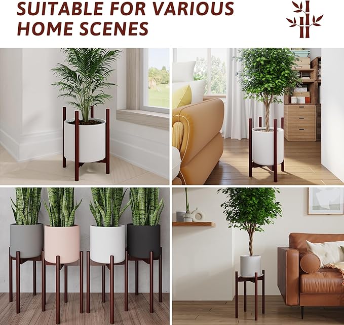 Adjustable Plant Stand Indoor, Bamboo Plant Holder 8 to 12 Inches, Small Tall Planter Stand for Indoor Plants, Single Floor Plant Stand for Living Room Balcony Bedroom, Reddish Brown