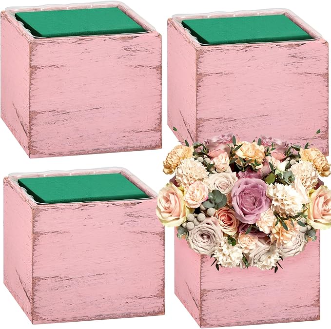 Dandat 4 Set Wood Cube Planter Box Square Wood Vase Rustic Cube Planter Box with Removable Plastic Liner Floral Foam Blocks for Centerpieces Home Wedding Garden Decor, Country Style (Pink)