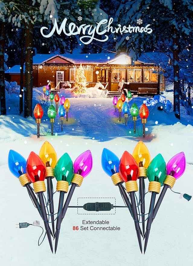 Jumbo C9 Christmas Lights Outdoor Decorations Lawn with Pathway Marker Stakes, 8.5 Feet String Lights Covered Jumbo Multicolored Light Bulb for Holiday Time Outside Yard Garden Decor, 5 Lights