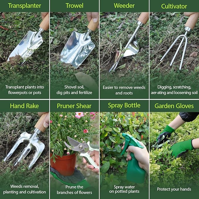 Garden Tool Set, 10 Piece Gardening Kit with Heavy Duty Folding Stool, Gardening Tools with Detachable Storage Tote Bag, Stainless Steel Garden Tools, Gardening Gifts for Women Men Green
