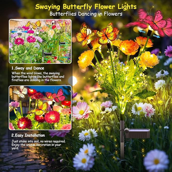Solar Garden Lights, 3 Pack Swaying Solar Lights with 9 Butterflies & 21 Blooming Flowers, Solar Flowers Lights Outdoor Waterproof, Auto On/Off Solar Outdoor Lights for Yard Patio, Gift