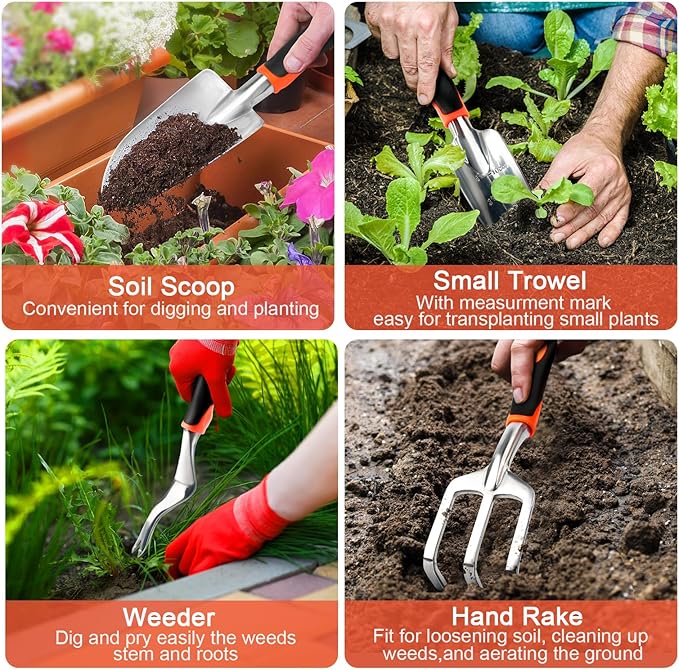 Garden Tools Set, 8 Piece Gardening Tools Set with Non Slip Ergonomic Handle, Heavy Duty Garden Tool Set with Storage Bag, Gardening Kit for Women, Gardening Hand Tools Gift for Women and Men, Orange