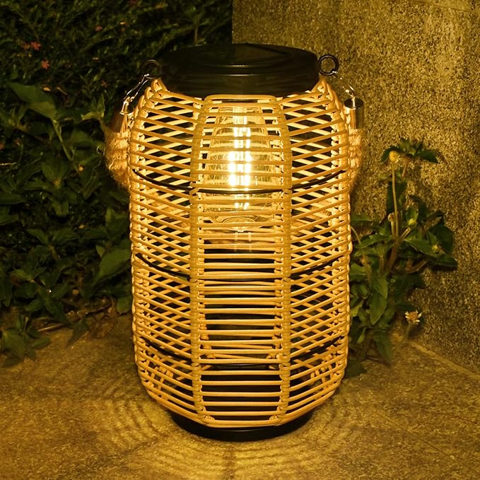Solar Lantern Outdoor Hanging Lights, Large Solar Rattan Lantern Outdoor Waterproof with Twine Handle, Bright Outdoor Lanterns with Edison Bulb for Garden Patio Yard Tabletop Decoration