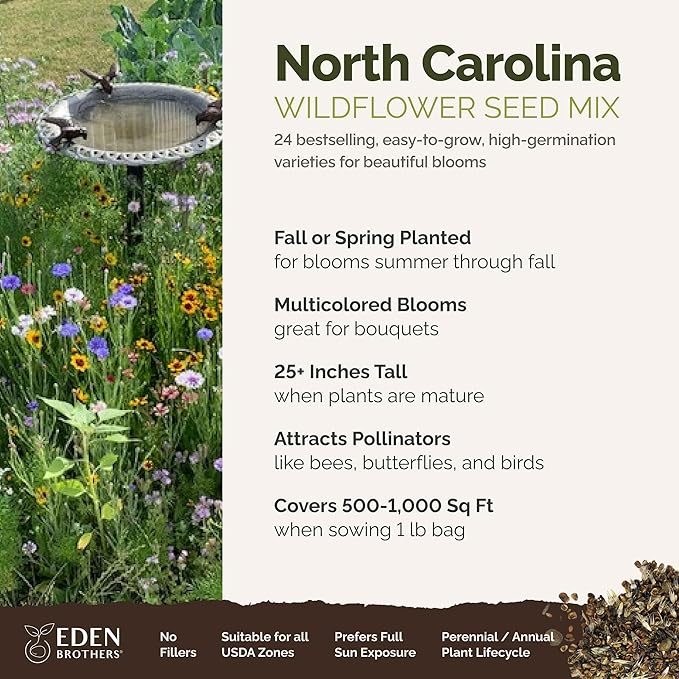 Eden Brothers North Carolina Wildflower Mixed Seeds for Planting, 1 lb, 480,000+ Seeds with Cornflower, African Daisy | Attracts Pollinators, Plant in Spring or Fall, Zones 3, 4, 5, 6, 7, 8, 9, 10