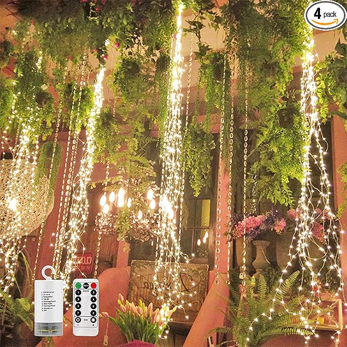 4 Pack 880 LED Battery Operated Firefly Bunch Lights, Remote Control Timer 8 Flashing Modes Copper Wire Waterfall Lights, Fairy Lights Waterproof for Christmas Patio Party Outdoor Decor (Warm White)