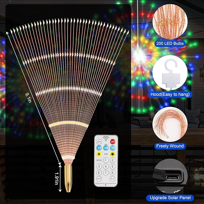 Solar Firework Lights Outdoor, 600 LED Starburst Light Outdoor with USB Rechargerable, 8 Modes Waterproof Solar Hanging Lights for Gazebo Yard Party Wedding Decorations (Multicolored, 600 LED)