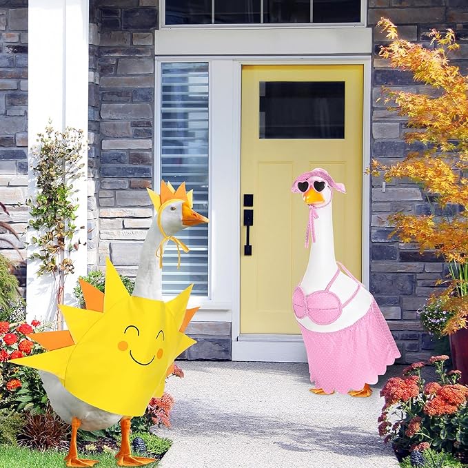 2 Set Hawaiian Luau Porch Goose Outfit for Lawn 23'' Plastic Goose Clothes Costume Summer Outdoor Decor(Sunny Style)