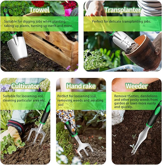 Garden Tool Set, 10 Pieces Heavy Duty Gardening Tools Kit with Plant Grow Bags and Garden Tote Bag for Tools, Gardening Gifts for Women and Men,No-Rust,No-Bend