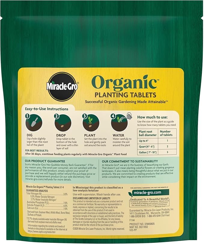Miracle-Gro Organic Planting Tablets, for Transplants and Starter Plants, Formulated with Calcium, Jump Starts Root Growth, OMRI Listed, 20 Tablets (2-Pack)