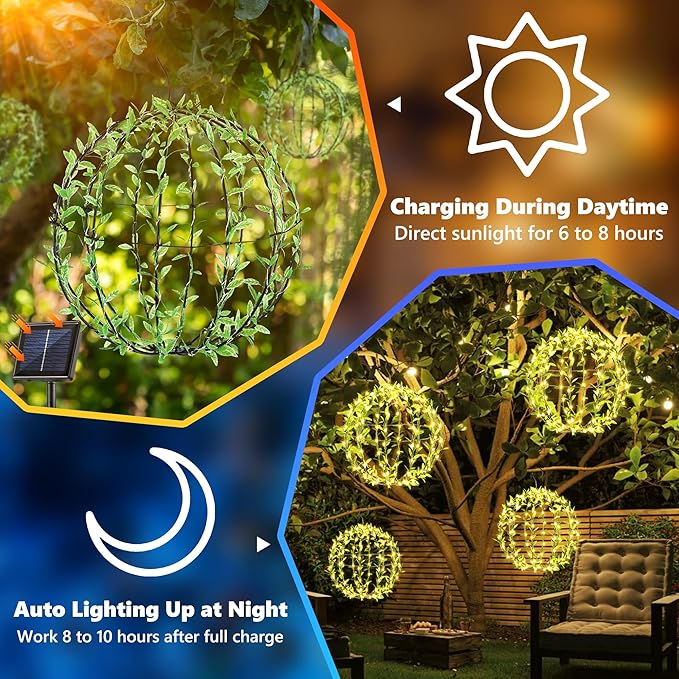 Solar Powered Hanging Iron Sphere Lights with Artificial Greenery – 12Inch 120 LED Waterproof Outdoor Decor Ball Light with Timer & 8 Modes – 2 Pack for Garden, Christmas, Weddings (Warm White)