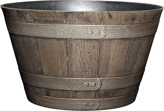 Classic Home and Garden Whiskey Plastic Resin Flower Pot Barrel Planter, Oak Brown, 20.5"