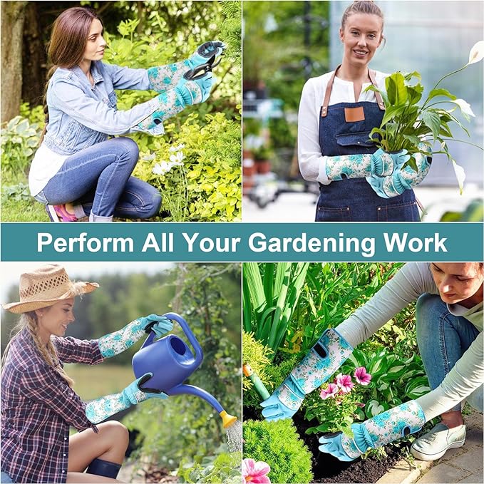 DLY Gardening Gloves for Women, Rose Gloves Gardening Thorn Proof, Long Garden Gloves for Women, Breathable & Durable Leather Gauntlet (Medium, Light Blue)