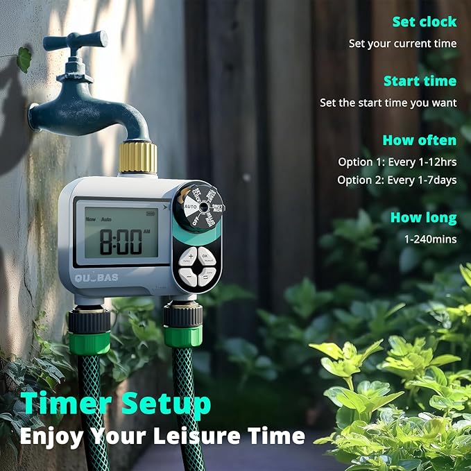 2 Zone Sprinkler Timer, Programmable Hose Timer with Brass Inlet & Outlet, Water Timer for Garden Hose with Rain Delay/Manual Watering/Automatic Irrigation Controller System for Yard, Lawn