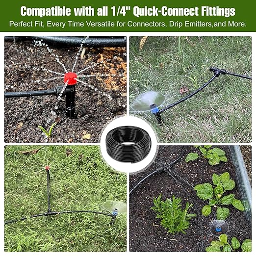 100FT 1/4 Inch Drip Irrigation Tubing with 10 Pack Push-to-Connect 1/4" Tee Connectors, Distribution Drip Line Hose & Universal Tee Fitting, for Drip Irrigation Parts or Drip System and Misting System