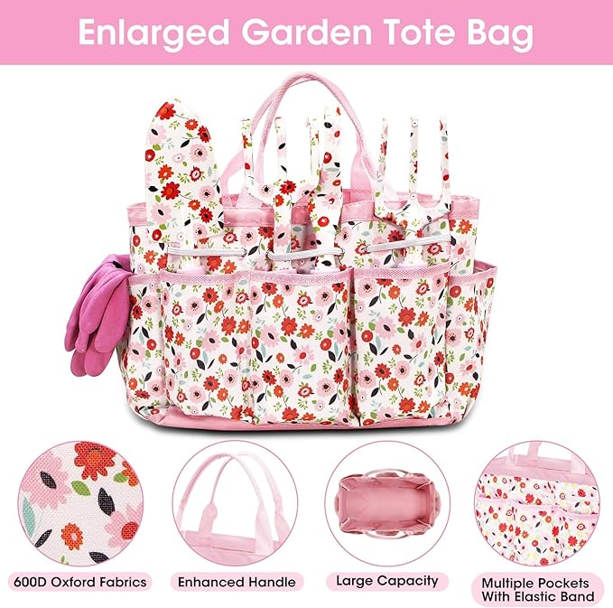 Gardening Gifts for Women, MQJIAZHI Gardening Tools for Women, Garden Tool Set, Floral Gardening Hand Tools with Garden Tools Bag, Heavy Duty Gardening Kit Women Gifts for Mom, Girlfriend (Pink)