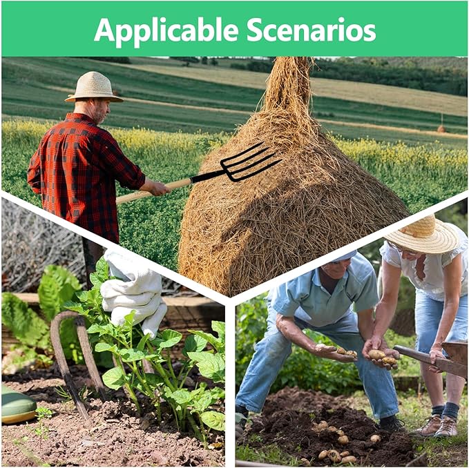 Garden Fork,4-Tine Pitchfork,Spading Digging Fork,Forged Steel Y-Grip, Wood Handel,45Inch