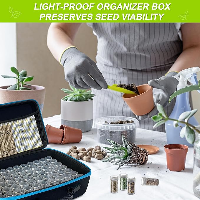 140 Slots Seed Storage Organizer Box with 20 Seed Envelopes, Large Capacity Seed Storage Container with Zipper Bag, Label Stickers, Tweezers, Funnel, Garden Seeds Saver Kit for Vegetable, Flower