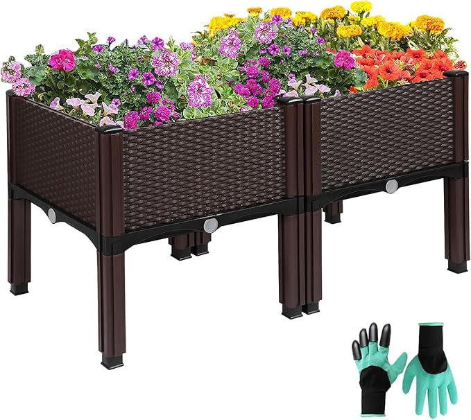 Emalie Raised Garden Beds Elevated Plastic Planter Box with Drainage Plugs Perfect for Vegetables Flowers Herbs Growing Outdoor, 31.5" Lx15.7 Wx16.5 H Brown